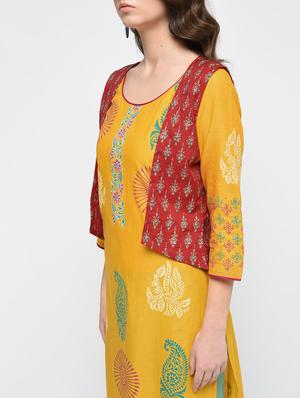 straight block print kurta with jacket - 15942592 - Standard Image - 4
