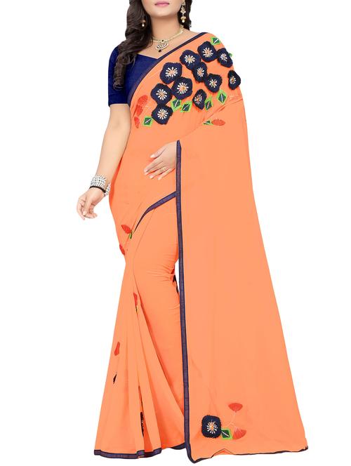 floral patchwork orange saree with blouse - 15943768 - Standard Image - 1