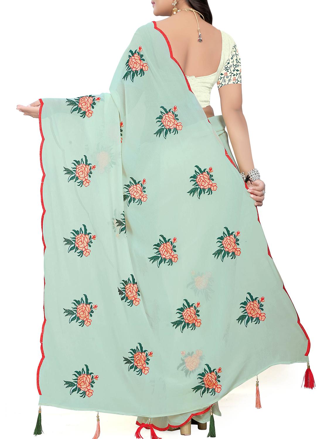 floral fern green embroidered saree with blouse - 15943770 - Zoom Image - 2