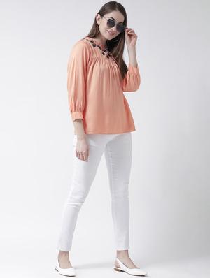 frill trim embroidered gathered top - 15944603 - Standard Image - 4