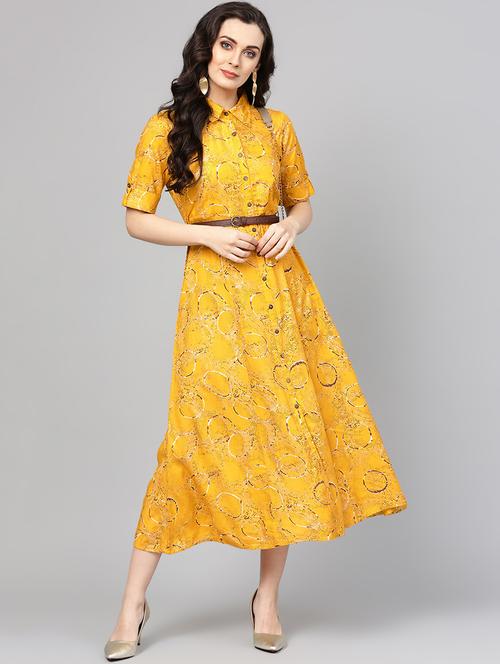 printed button up belted a-line dress - 15945322 - Very Small Image - 1