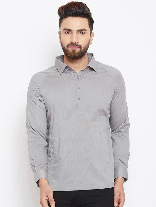 grey cotton short kurta - 15945657 - Standard Image - 1