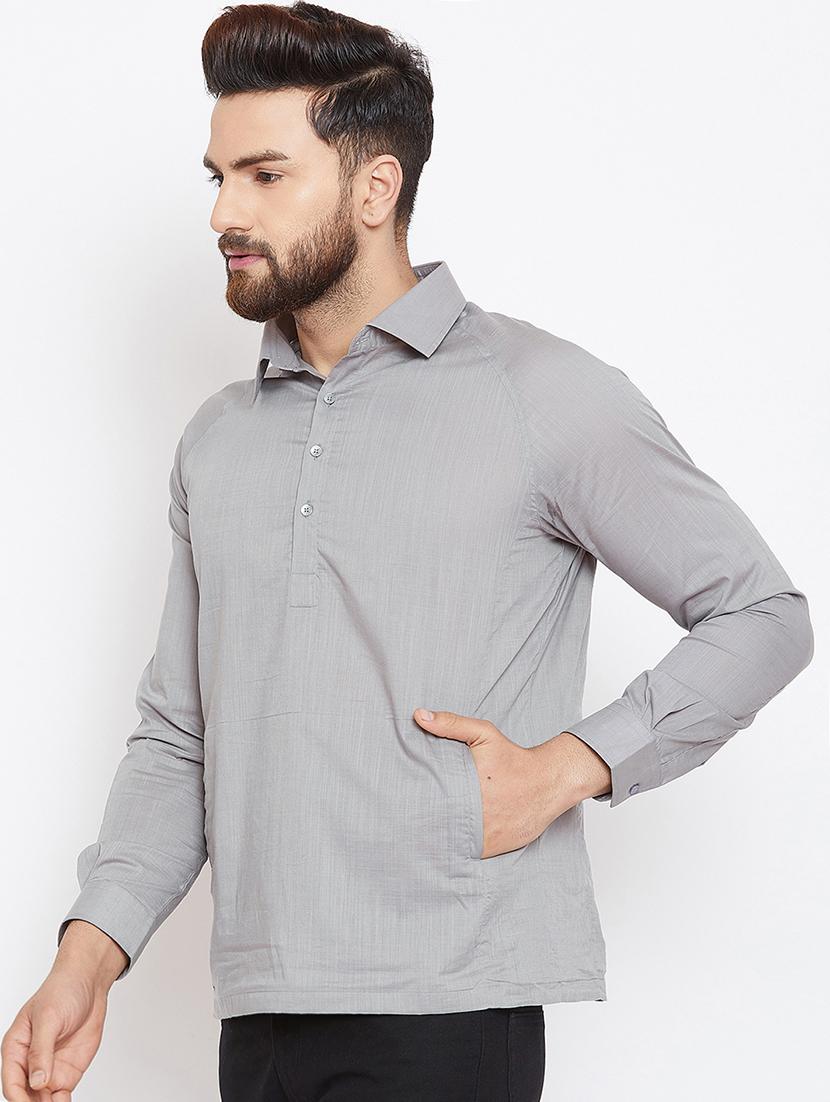 grey cotton short kurta - 15945657 - Zoom Image - 2