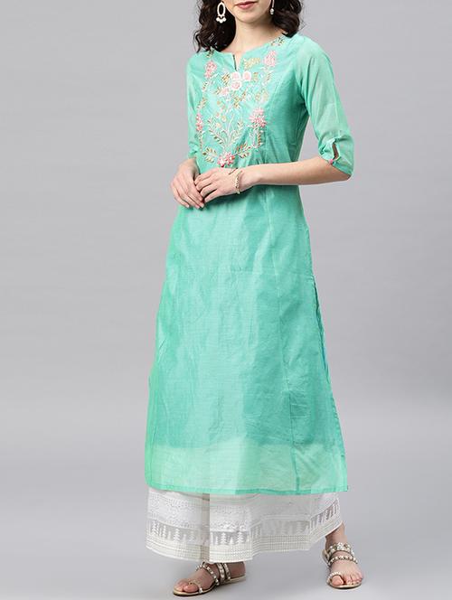 embroidered turquoise straight kurta - 15950051 - Standard Image - 1