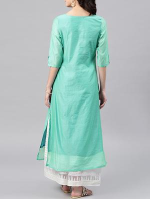 embroidered turquoise straight kurta - 15950051 - Standard Image - 3