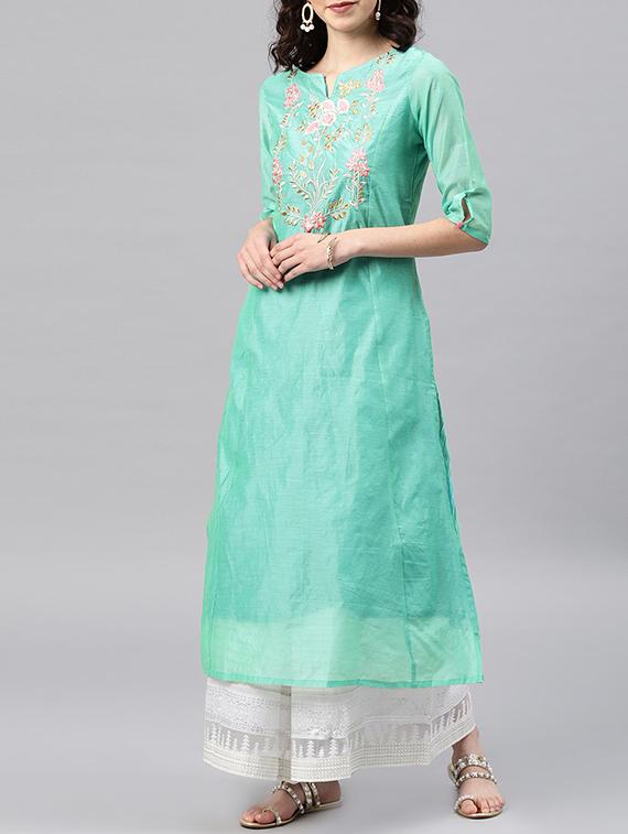 embroidered turquoise straight kurta - 15950051 - Zoom Image - 1