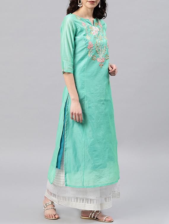 embroidered turquoise straight kurta - 15950051 - Zoom Image - 2