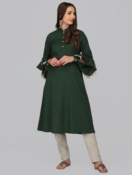 bottle green bell sleeves a-line kurta - 15950327 - Standard Image - 1