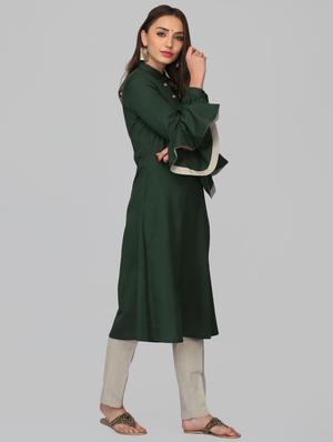 bottle green bell sleeves a-line kurta - 15950327 - Standard Image - 2