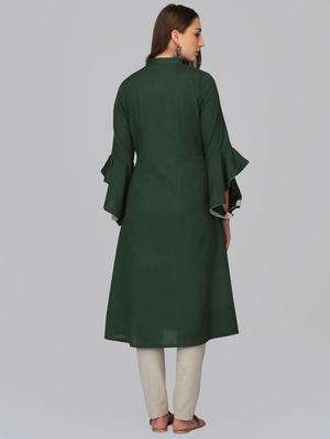 bottle green bell sleeves a-line kurta - 15950327 - Standard Image - 3