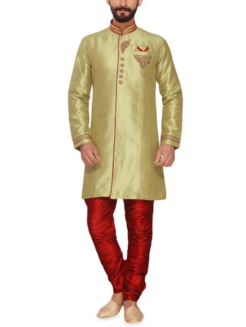 pista green silk blend sherwani set - 15950366 - Standard Image - 1