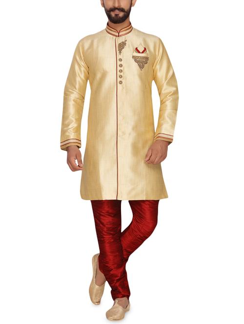 beige silk blend sherwani set - 15950367 - Standard Image - 1