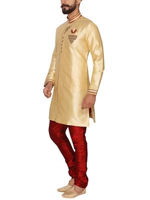 beige silk blend sherwani set - 15950367 - Standard Image - 2