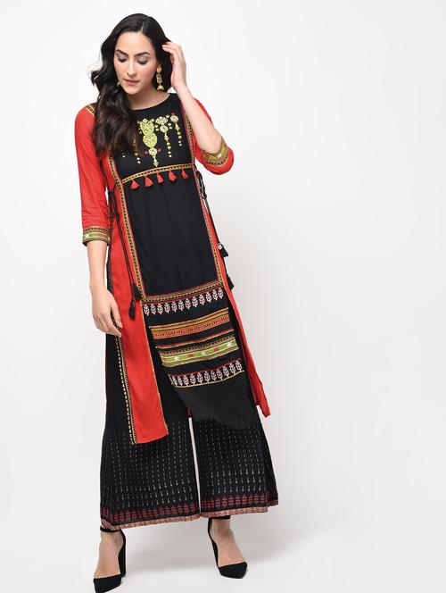 embroidered printed kurta with palazzo set - 15950724 - Standard Image - 1