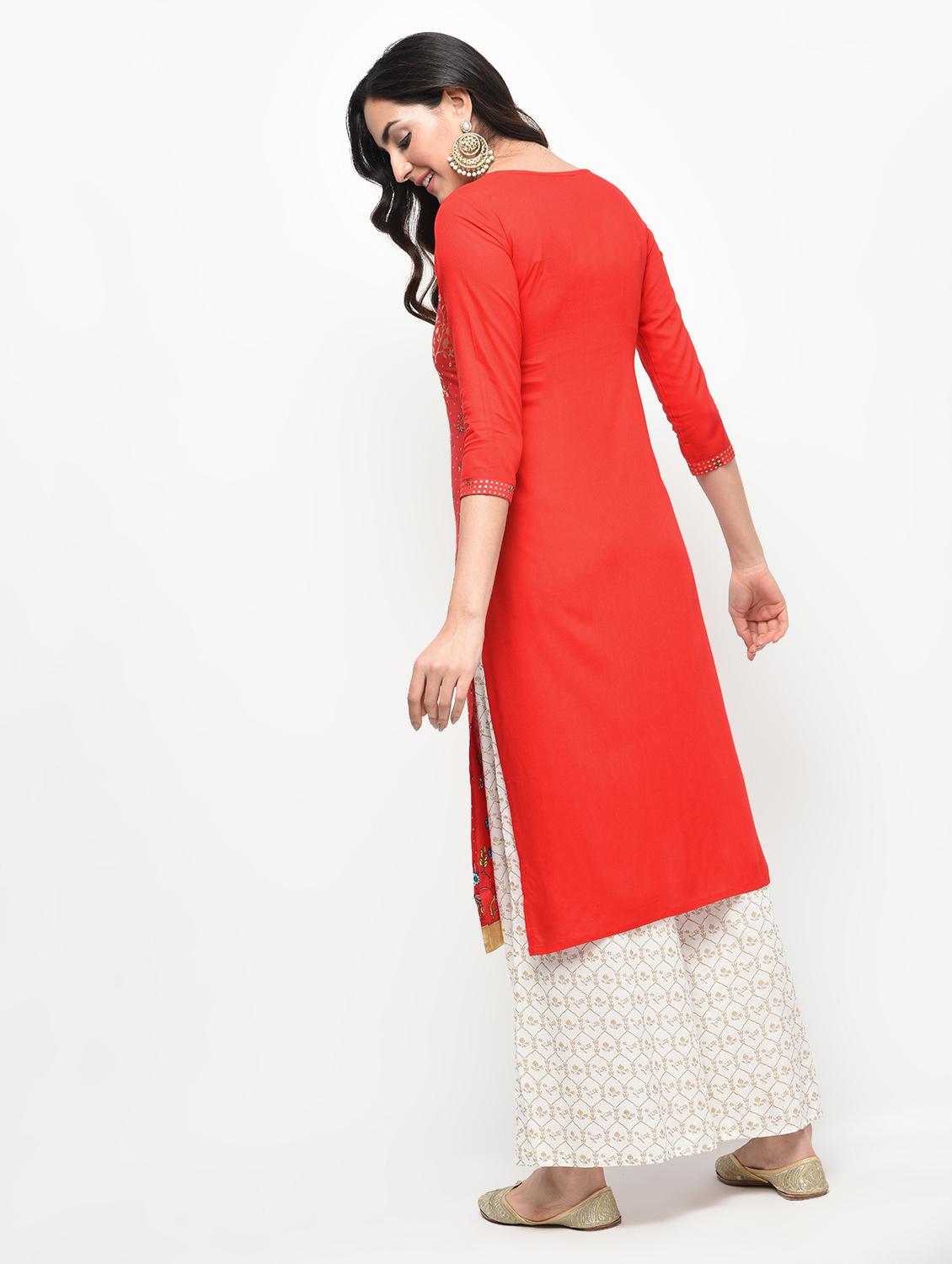 foil print straight kurta with palazzo set - 15950738 - Zoom Image - 3