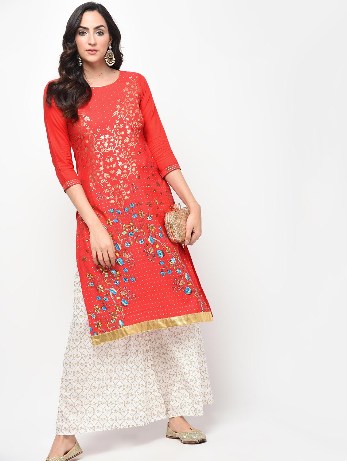 foil print straight kurta with palazzo set - 15950738 - Zoom Image - 4