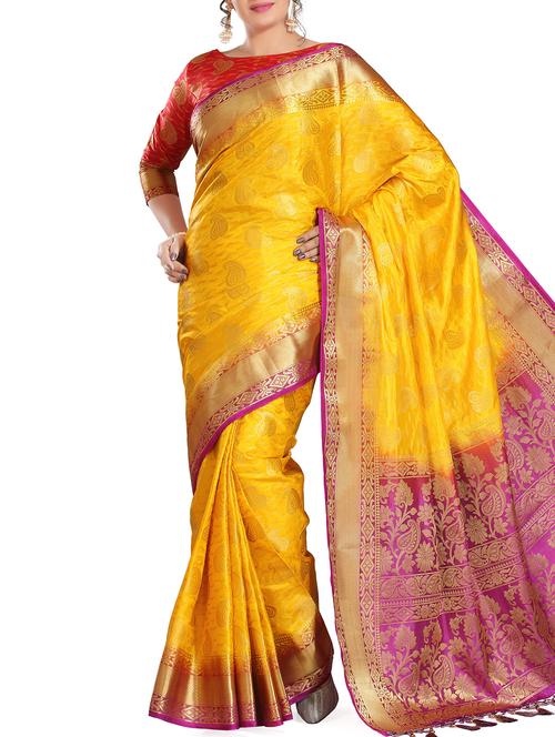 paisley zari motif mustard woven saree with blouse - 15951357 - Standard Image - 1