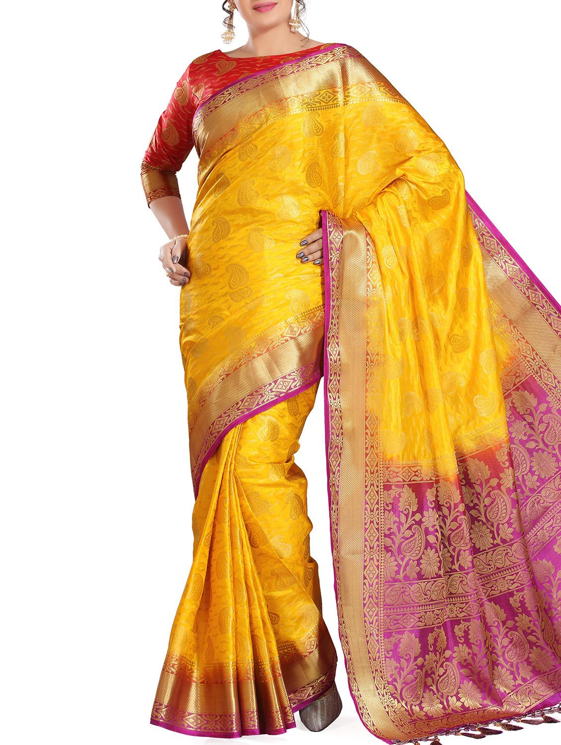 paisley zari motif mustard woven saree with blouse - 15951357 - Zoom Image - 1