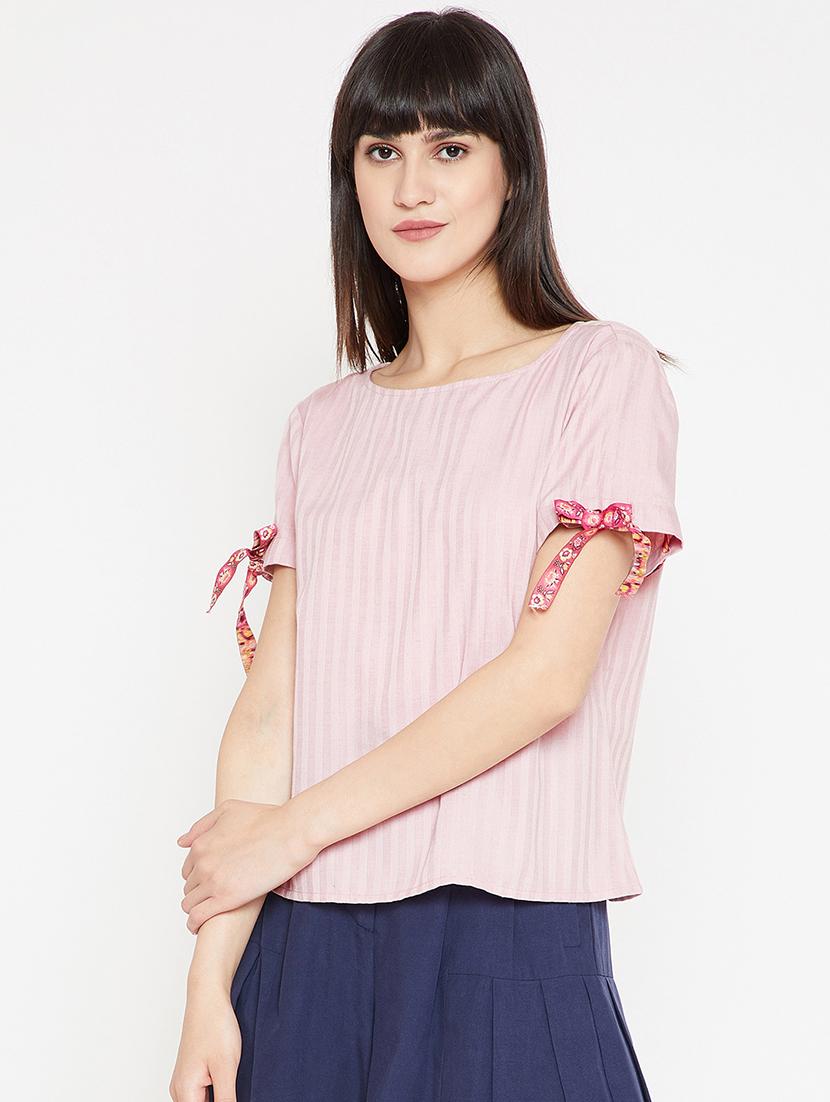 tie up detail self striped top - 15951690 - Zoom Image - 1
