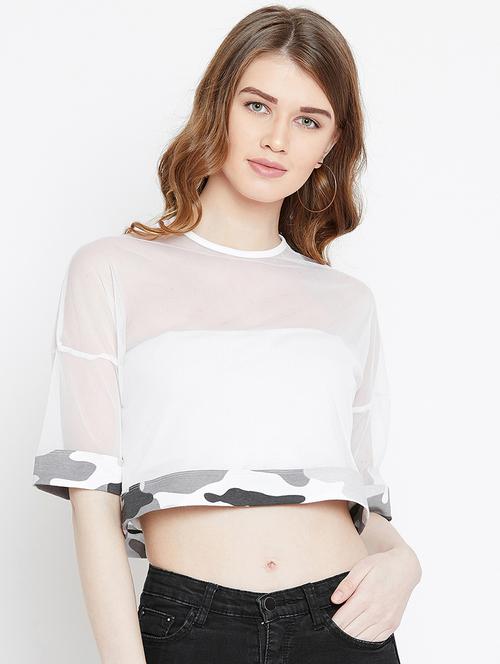 camouflage paneled sheer crop top - 15952183 - Standard Image - 1