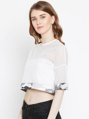 camouflage paneled sheer crop top - 15952183 - Standard Image - 2