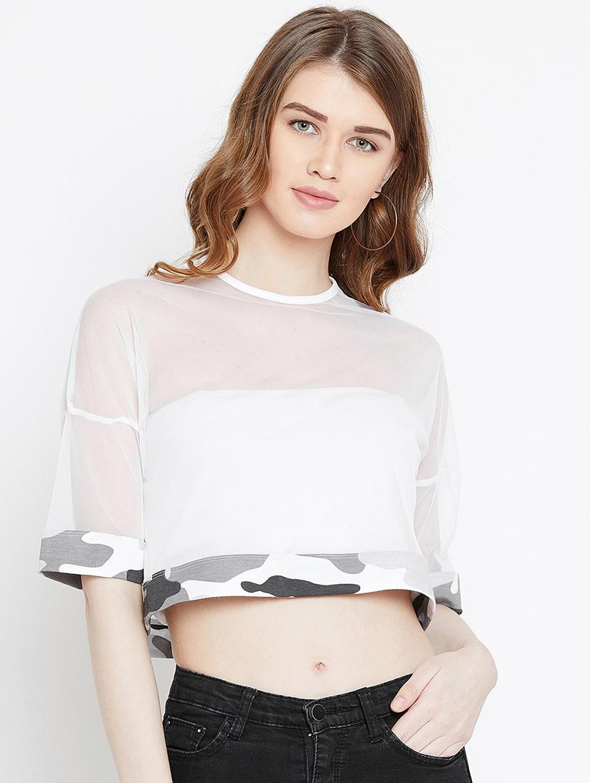 camouflage paneled sheer crop top - 15952183 - Zoom Image - 1