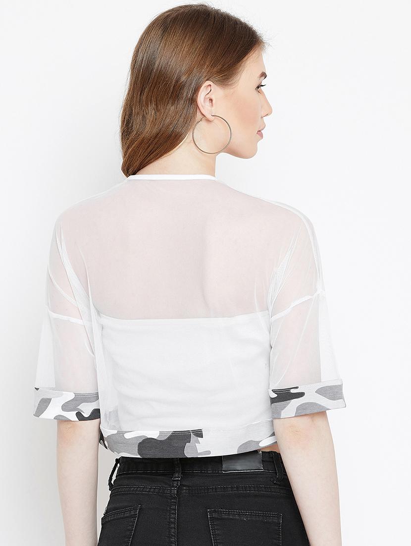 camouflage paneled sheer crop top - 15952183 - Zoom Image - 3