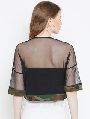 camouflage panel sheer crop top - 15952184 - Standard Image - 3