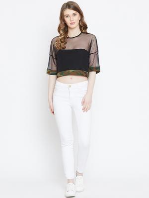 camouflage panel sheer crop top - 15952184 - Standard Image - 4