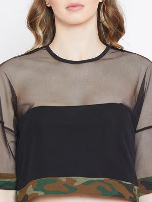 camouflage panel sheer crop top - 15952184 - Standard Image - 5