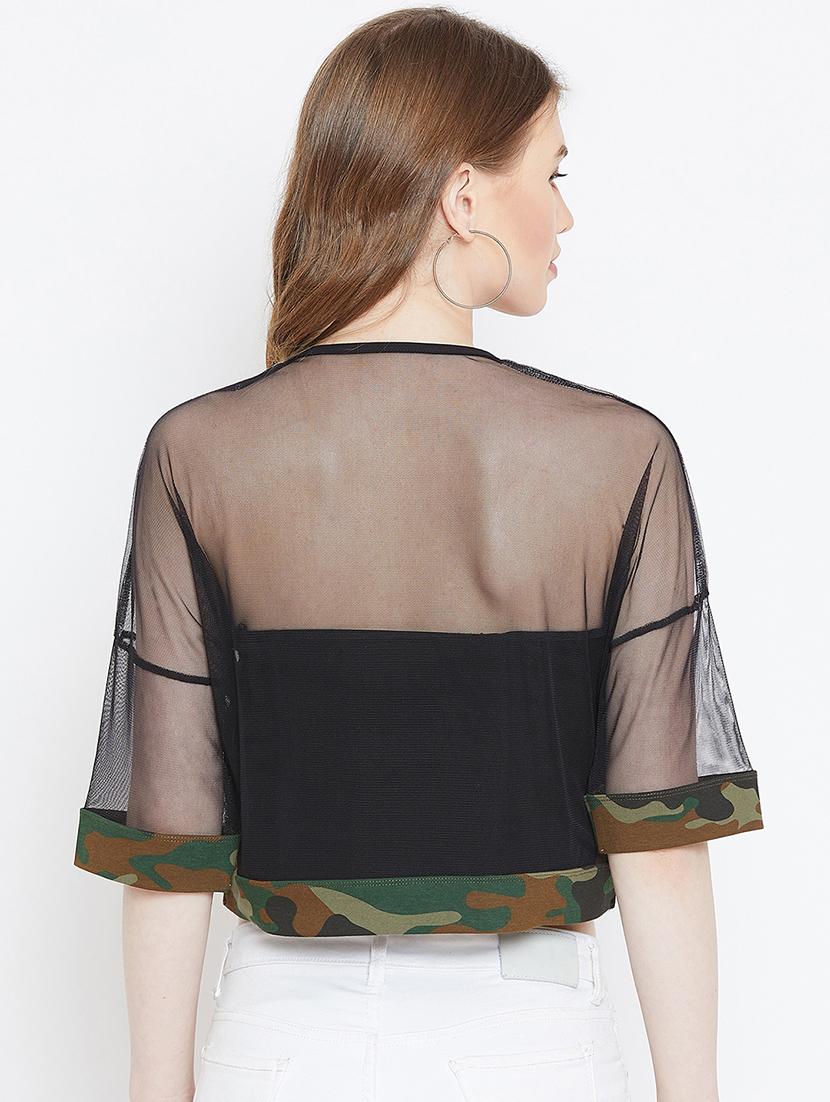 camouflage panel sheer crop top - 15952184 - Zoom Image - 3