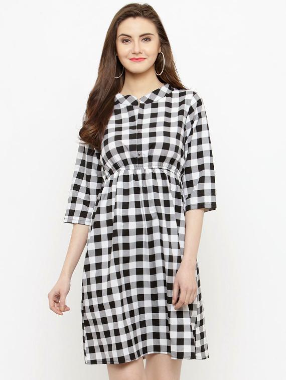 mandarin neck checkered a-line dress - 15952882 - Zoom Image - 1