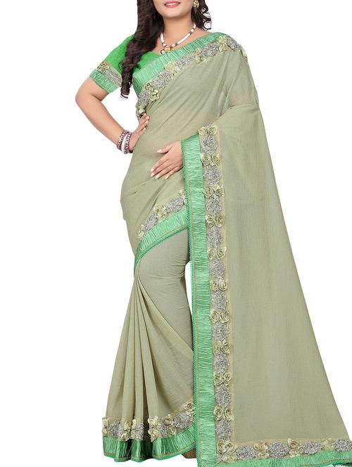 floral lace border green saree with blouse - 15953114 - Standard Image - 1