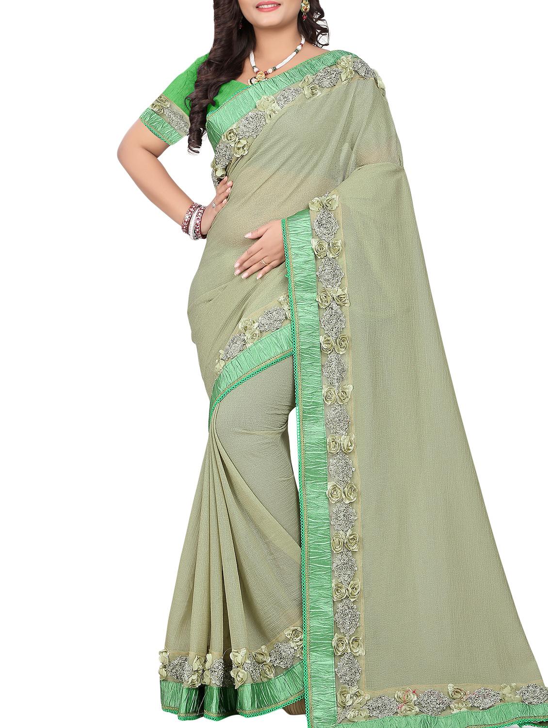 floral lace border green saree with blouse - 15953114 - Zoom Image - 1