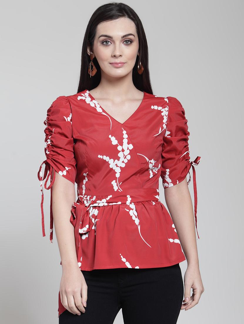 ruched sleeved tie up waist top - 15953248 - Zoom Image - 1
