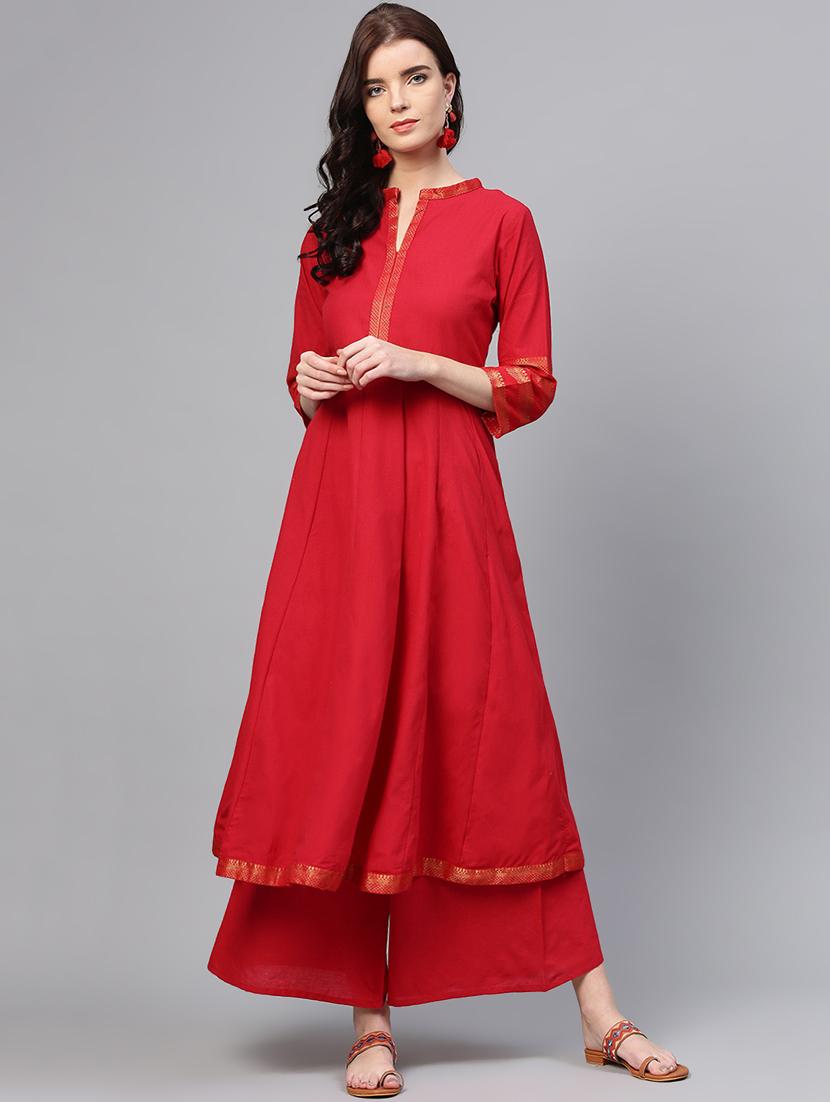 solid a-line kurta with palazzo set - 15953446 - Zoom Image - 1
