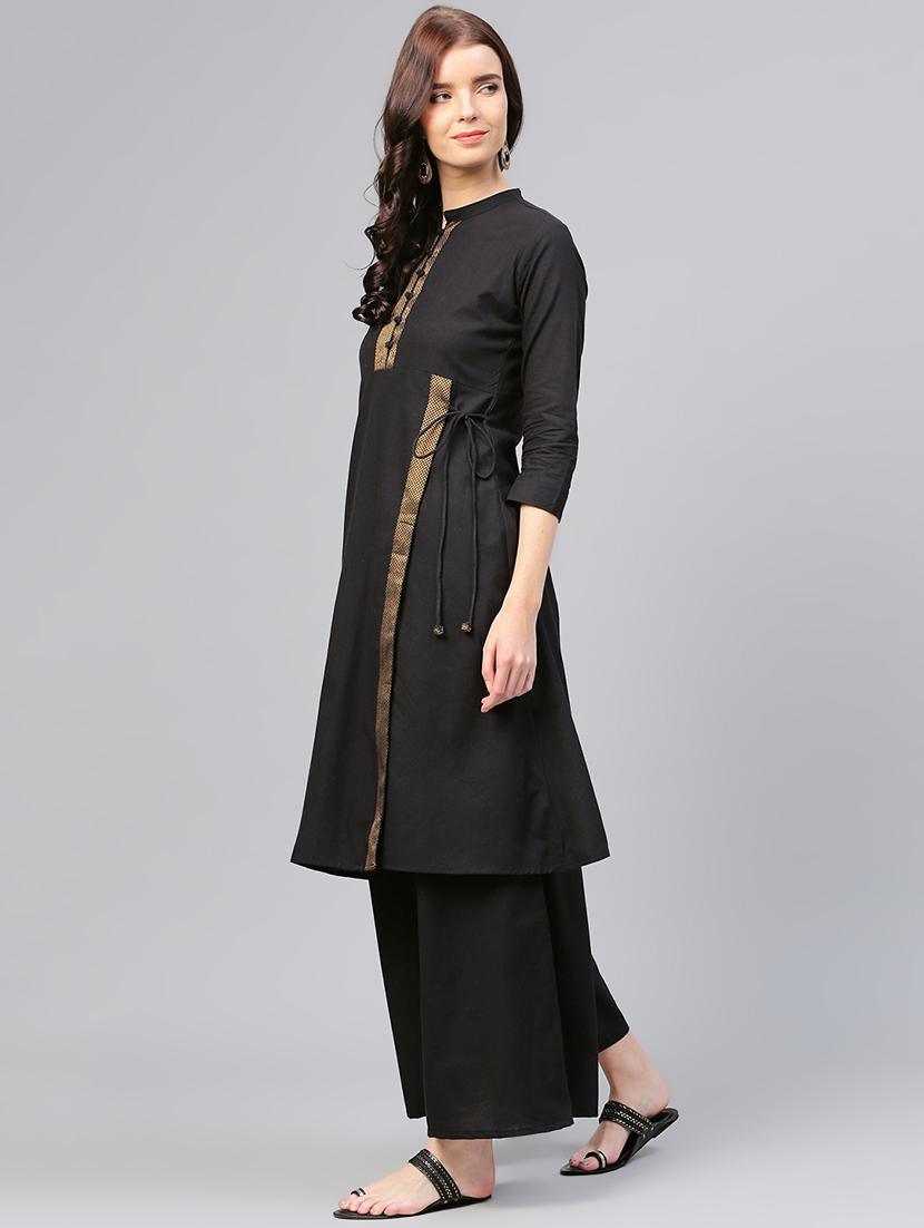solid side knot kurta with palazzo set - 15953447 - Zoom Image - 2