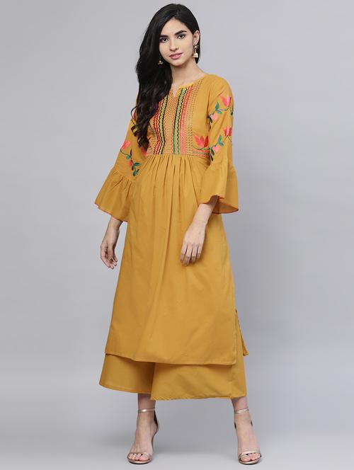 embroidered bell sleeved kurta with palazzo set - 15953452 - Standard Image - 1
