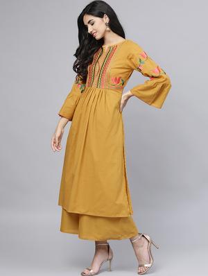 embroidered bell sleeved kurta with palazzo set - 15953452 - Standard Image - 2