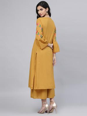 embroidered bell sleeved kurta with palazzo set - 15953452 - Standard Image - 3