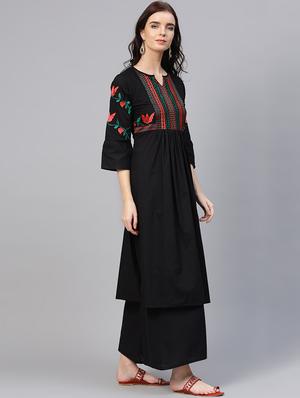 embroidered flared kurta with palazzo set - 15953455 - Standard Image - 2