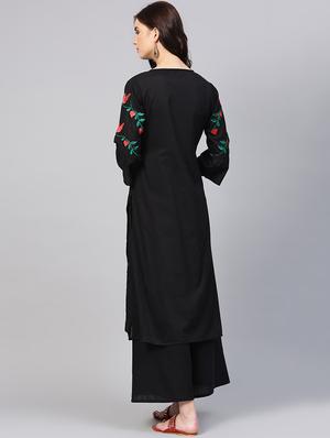 embroidered flared kurta with palazzo set - 15953455 - Standard Image - 3
