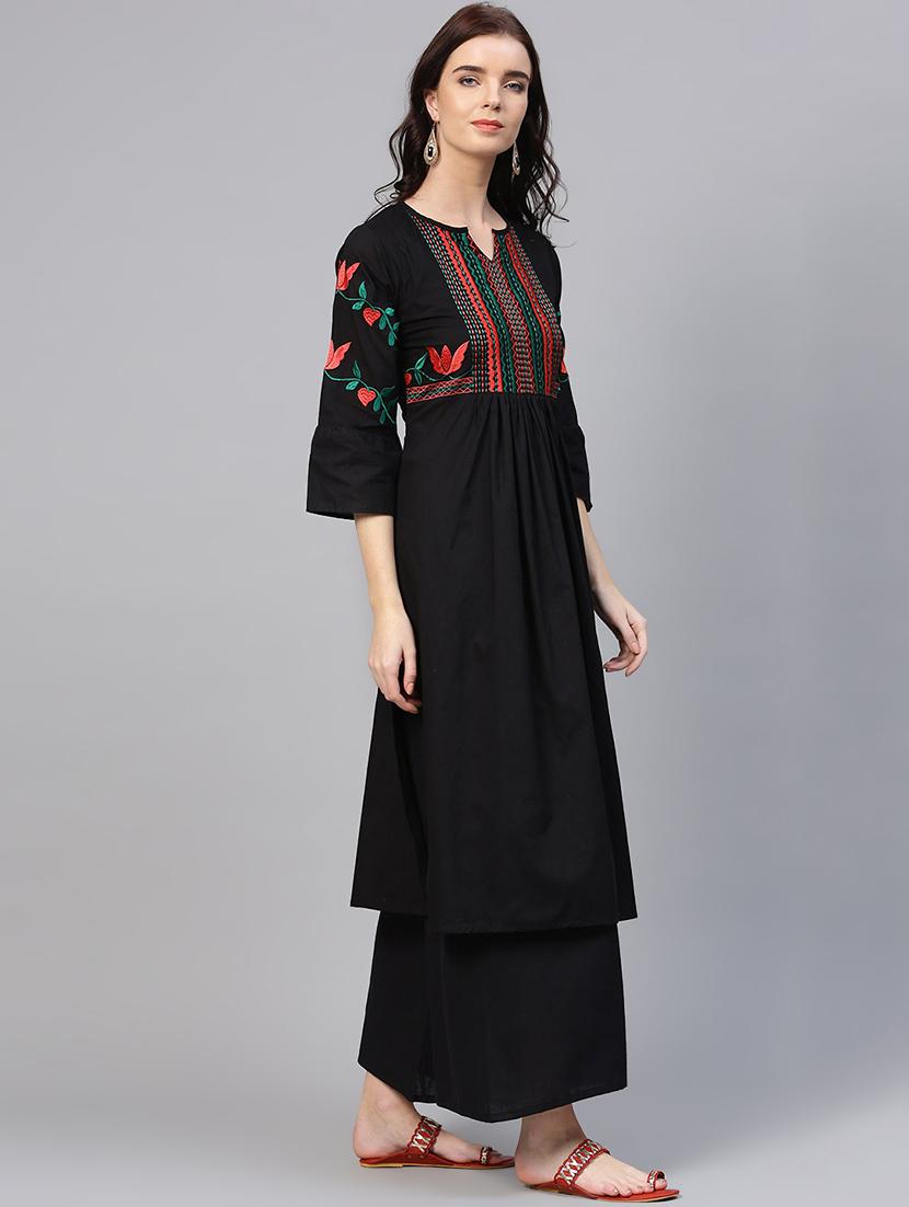 embroidered flared kurta with palazzo set - 15953455 - Zoom Image - 2