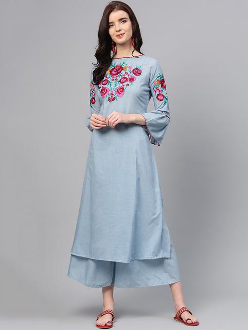 embroidered bell sleeved kurta with palazzo set - 15953456 - Standard Image - 1