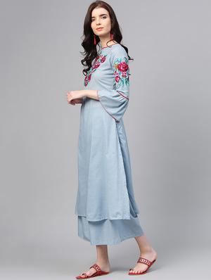 embroidered bell sleeved kurta with palazzo set - 15953456 - Standard Image - 2