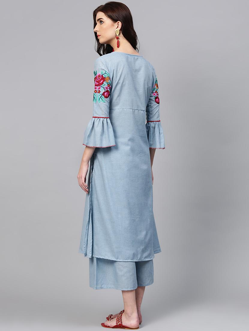 embroidered bell sleeved kurta with palazzo set - 15953456 - Zoom Image - 3