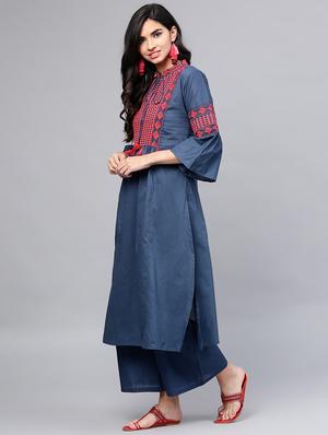 embroidered bell sleeved kurta with palazzo set - 15953457 - Standard Image - 2