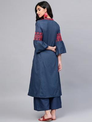 embroidered bell sleeved kurta with palazzo set - 15953457 - Standard Image - 3