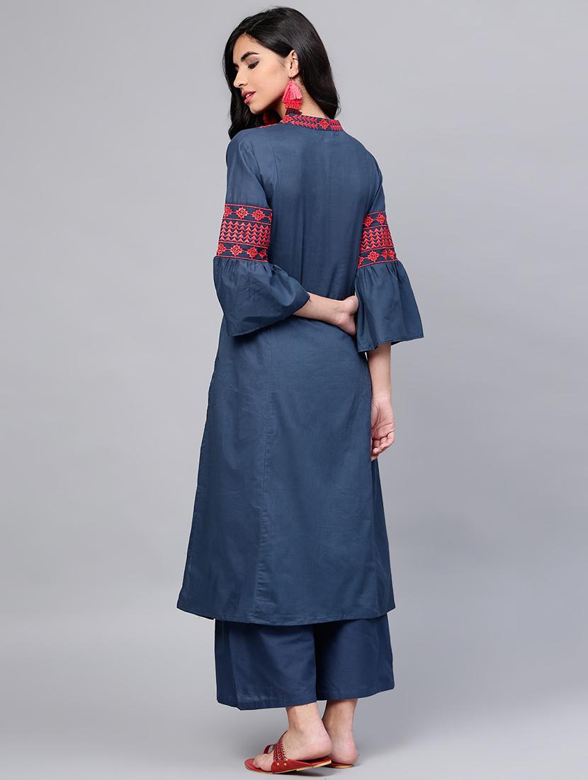 embroidered bell sleeved kurta with palazzo set - 15953457 - Zoom Image - 3