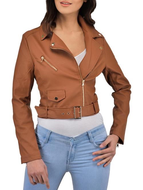 belted zipper detail leather jacket - 15955266 - Standard Image - 1